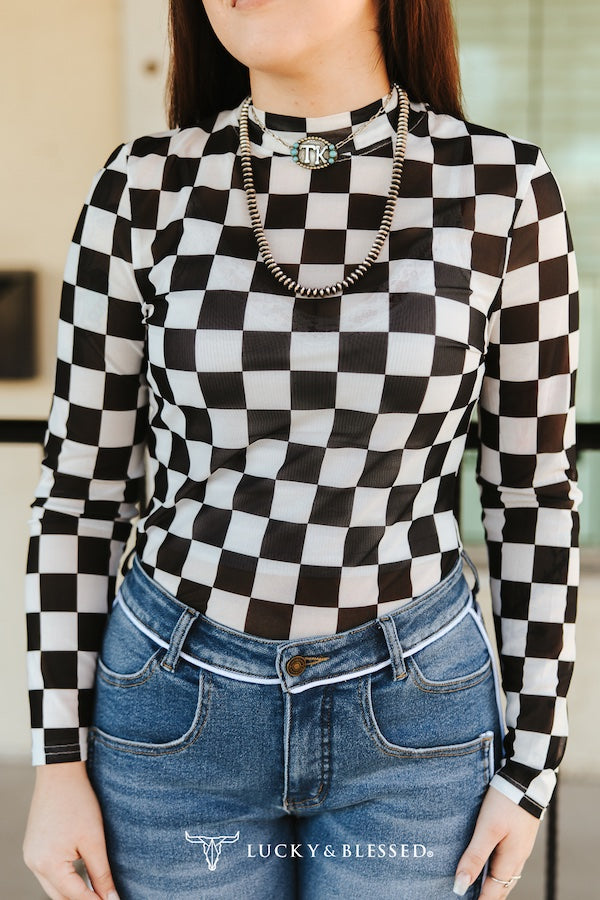 Checkered Long Sleeve Mesh Top(PRE-ORDER)