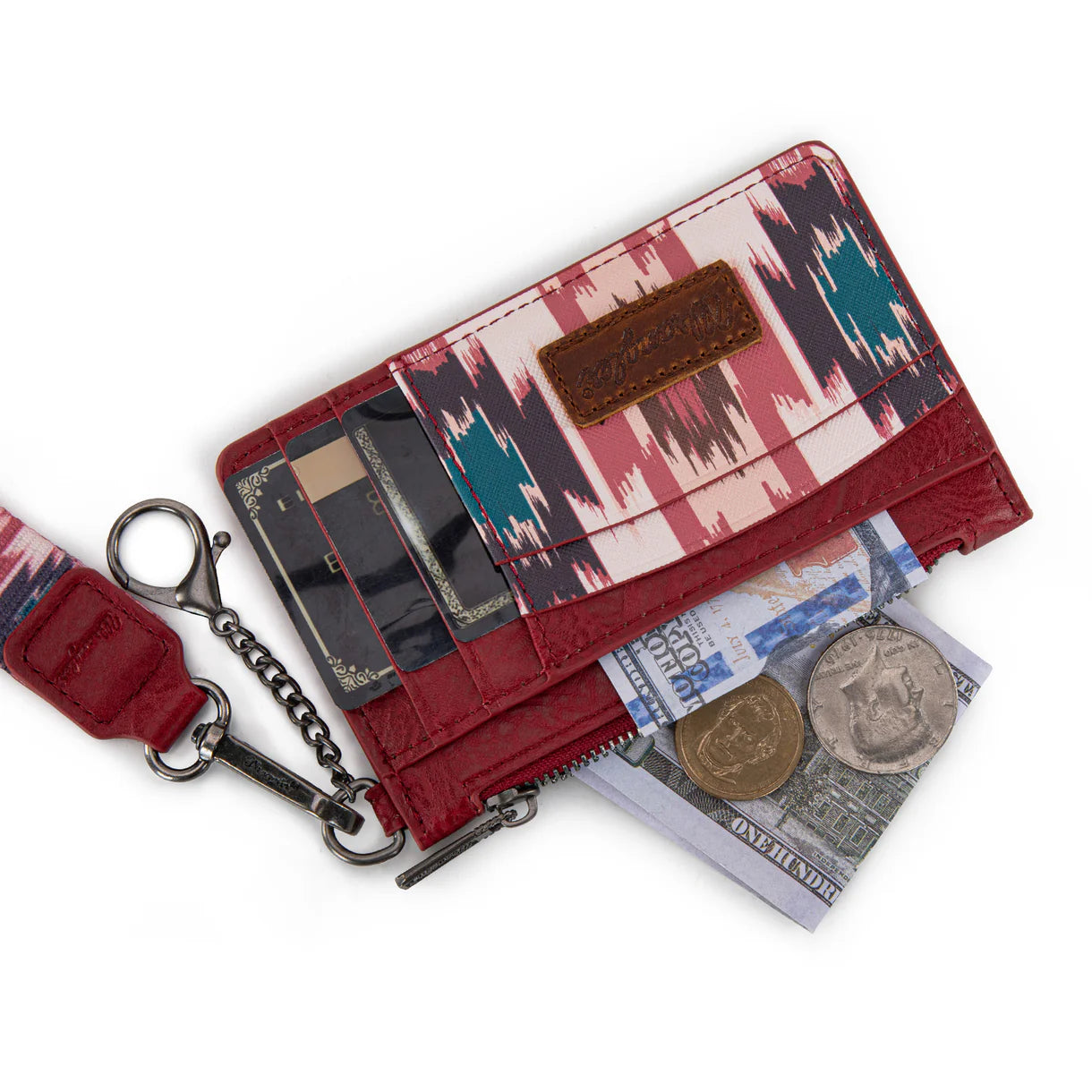 Wrangler Aztec Print Key Chain Wristlet Card Wallet - Burgundy