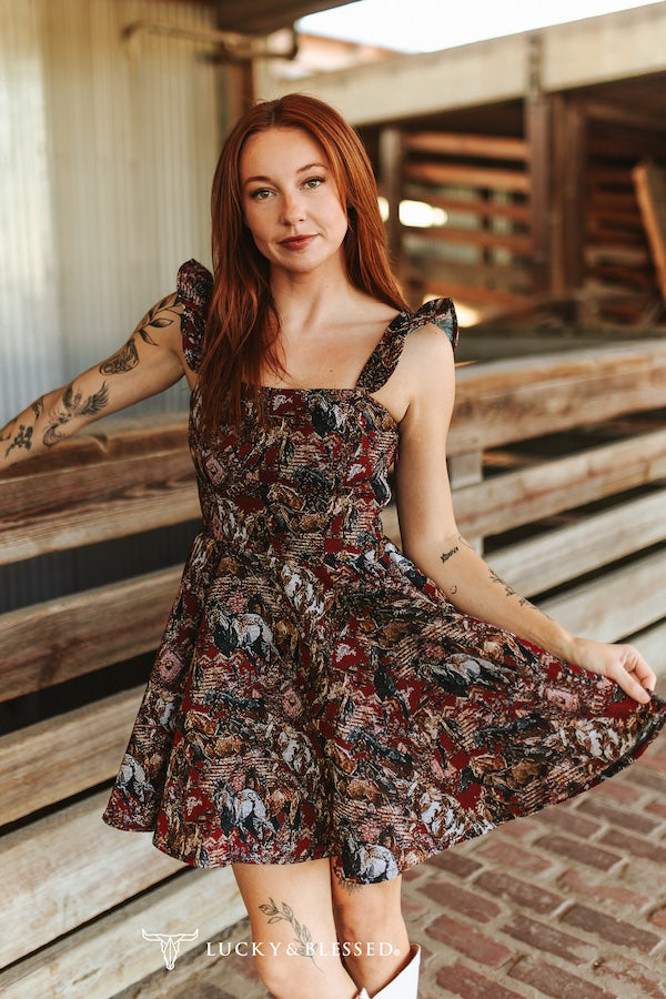 RED JACQUARD HORSE WOVEN RUFFLE STRAP FLUTTER DRESS
