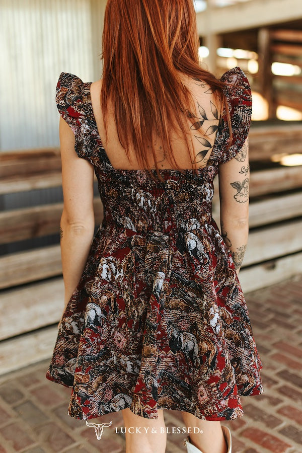 RED JACQUARD HORSE WOVEN RUFFLE STRAP FLUTTER DRESS