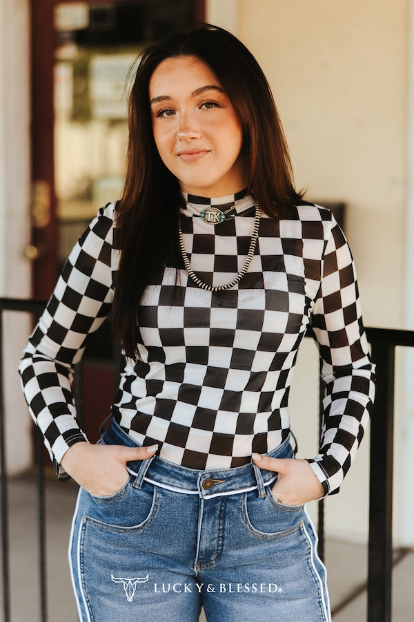 Checkered Long Sleeve Mesh Top(PRE-ORDER)