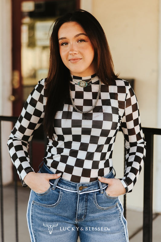 Checkered Long Sleeve Mesh Top(PRE-ORDER)