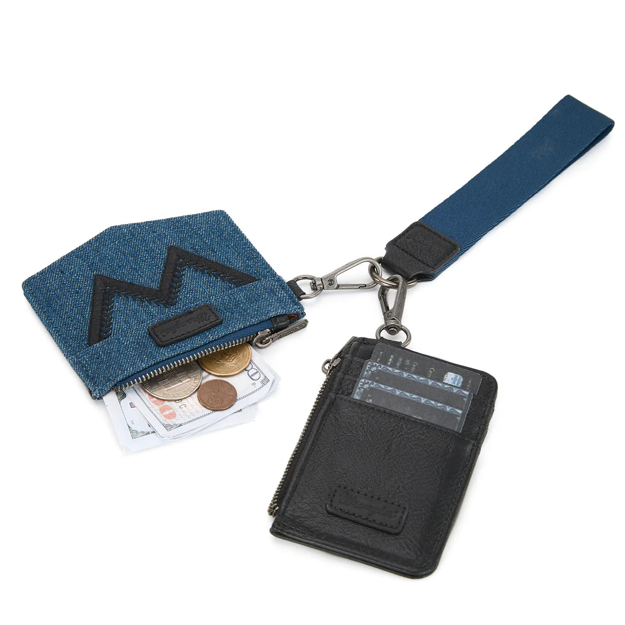Wrangler logo "W" Embroidered Dual Pouch Wristlet - Black
