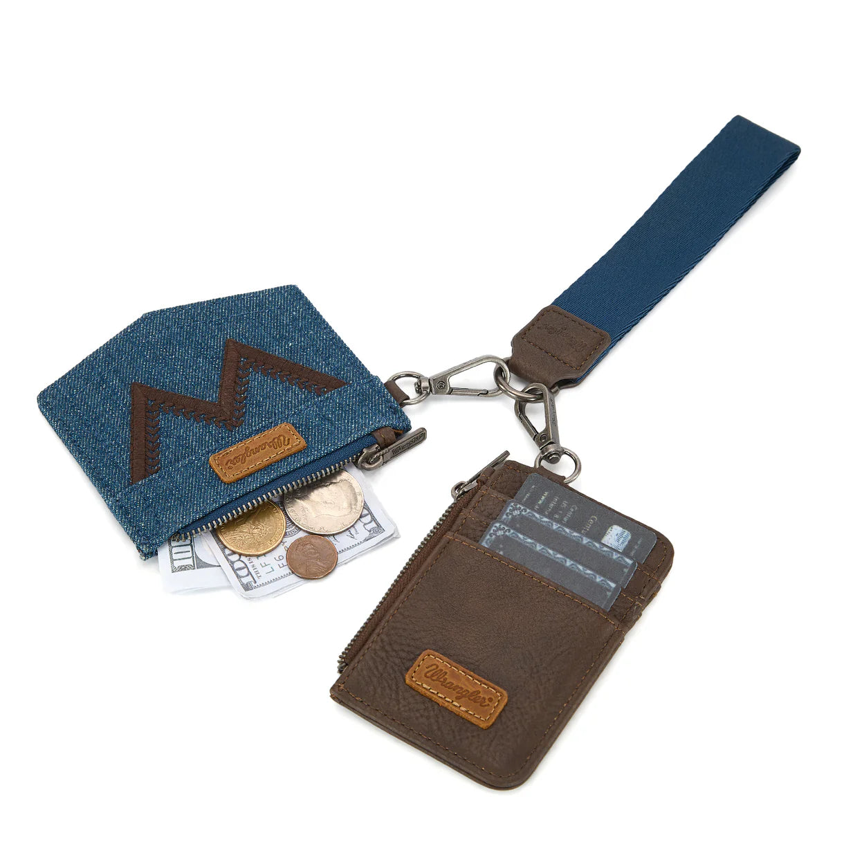 Wrangler logo "W" Embroidered Dual Pouch Wristlet - Coffee