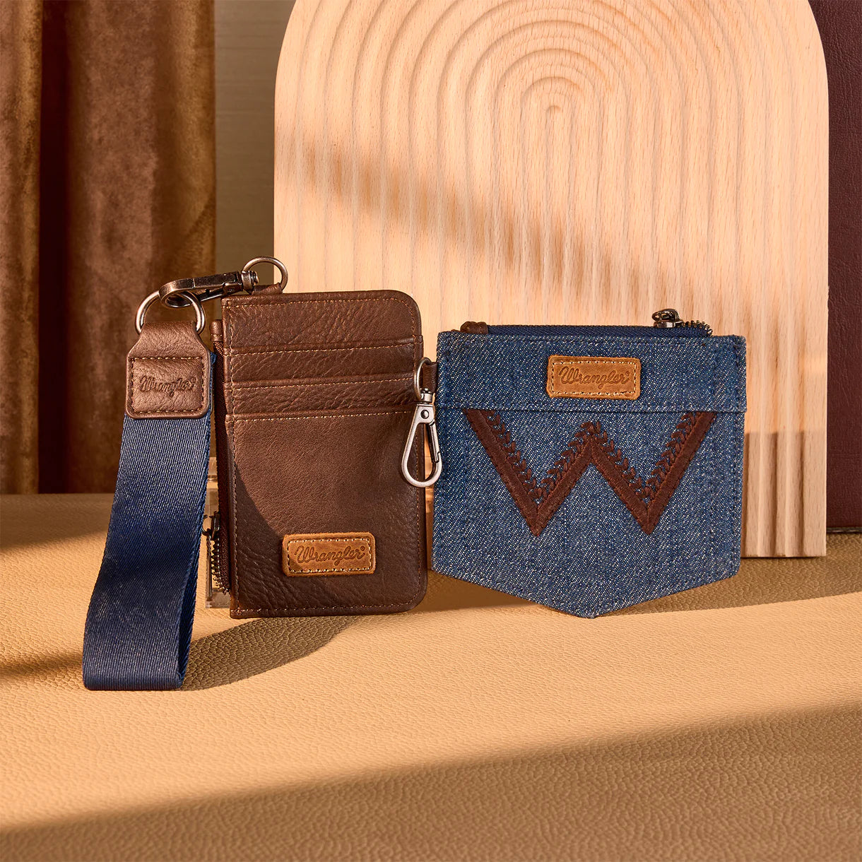 Wrangler logo "W" Embroidered Dual Pouch Wristlet - Coffee