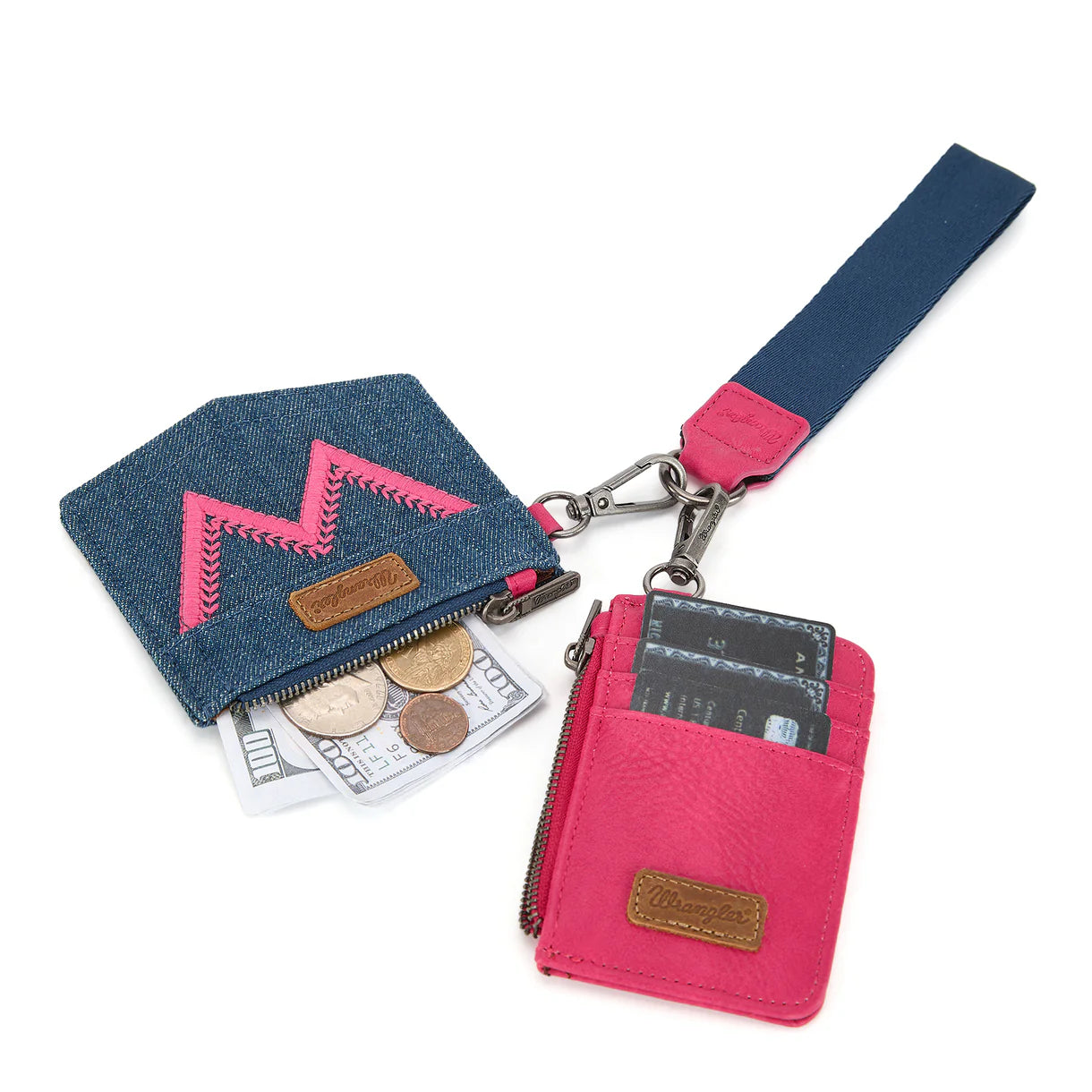 Wrangler logo "W" Embroidered Dual Pouch Wristlet - Hot Pink
