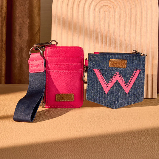Wrangler logo "W" Embroidered Dual Pouch Wristlet - Hot Pink