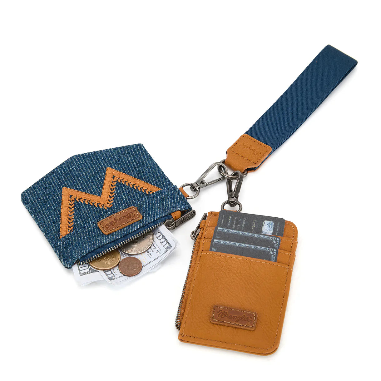 Wrangler logo "W" Embroidered Dual Pouch Wristlet - Light Brown