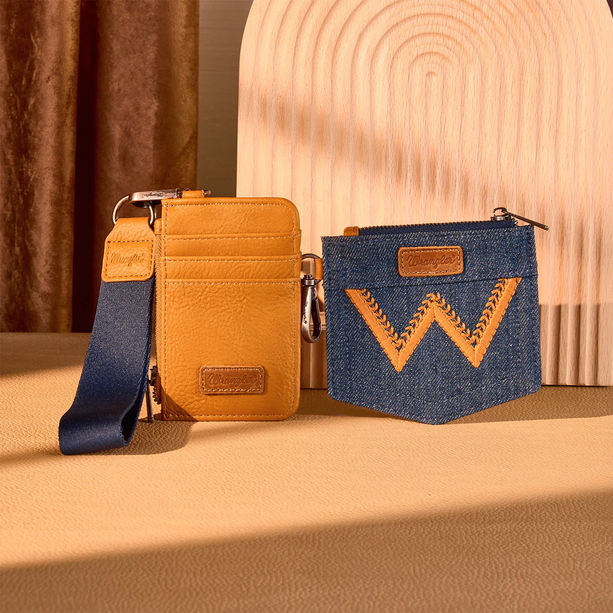 Wrangler logo "W" Embroidered Dual Pouch Wristlet - Light Brown